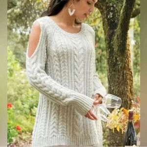 Soft Surroundings Cozy Cold Shoulder Sweater Plus Size 3X Gray Cable Knit Wool